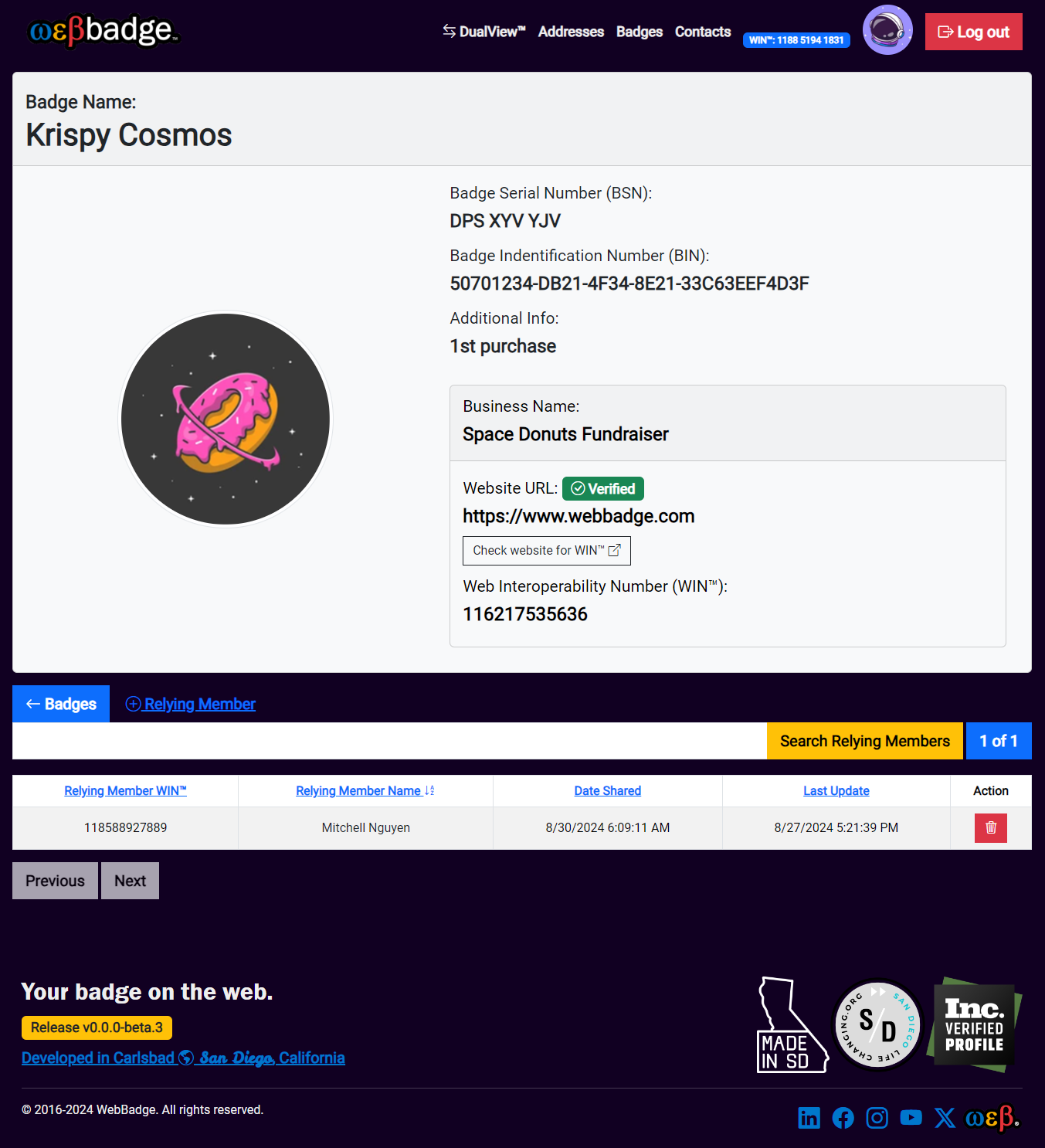 WebBadgeTM Screenshot with BIN (Badge Identification Number)
